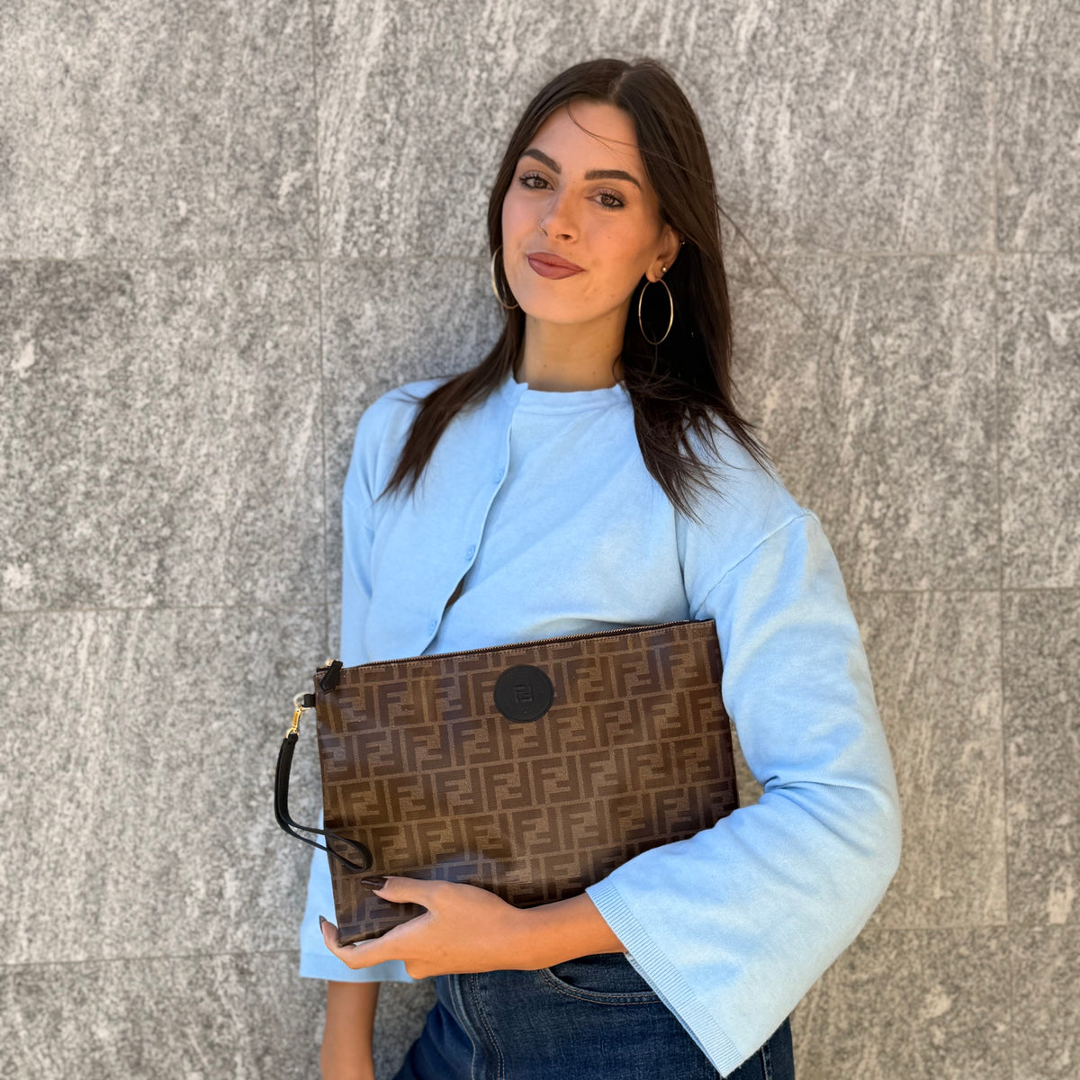 Fendi Large Flat Pouch In Tessuto Vetrificato
