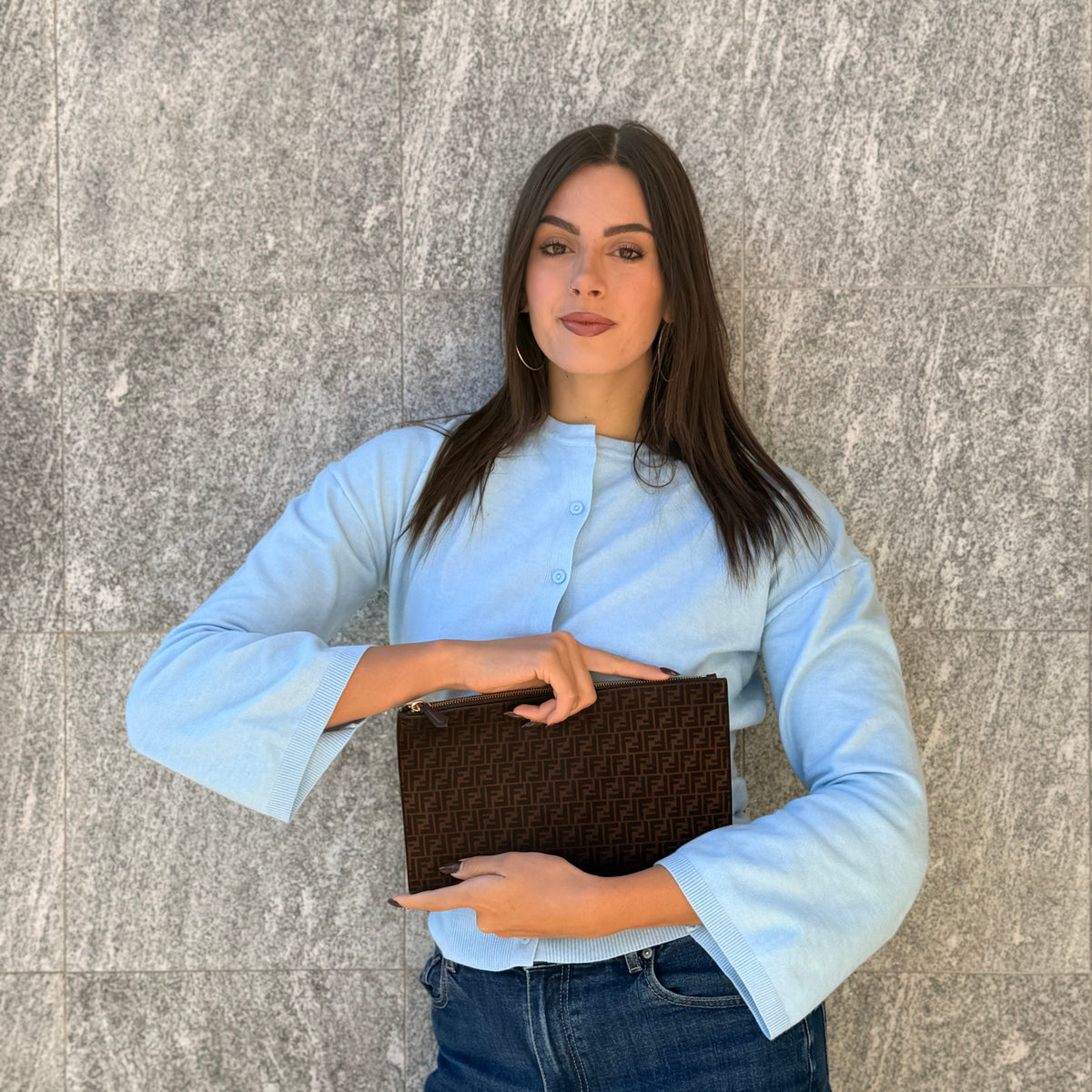 Fendi Medium Flat Pouch In Pelle Scamosciata