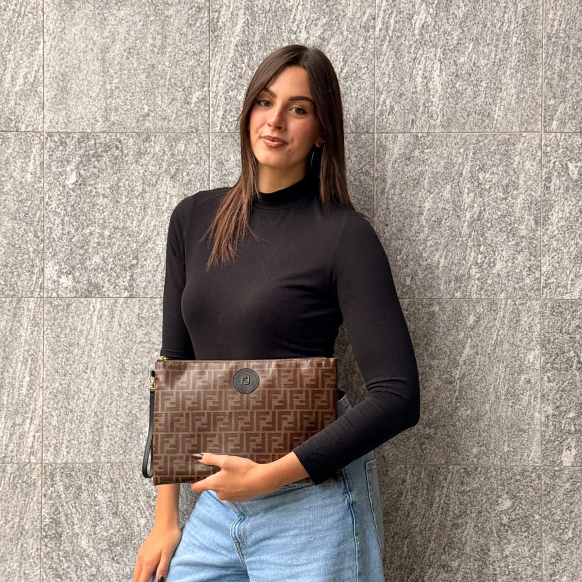 Fendi Large Flat Pouch In Tessuto Vetrificato